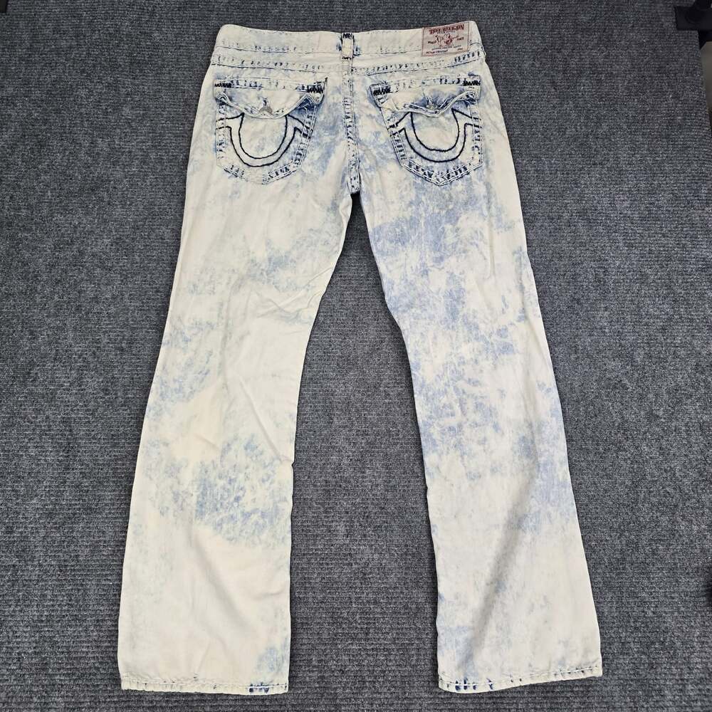 True Religion Mens Jeans 40x34 Ricky Straight Flap Acid Wash Blue White Y2K